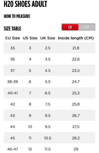 Jobe H20 Wetsuit Shoe Size 0 Size Chart